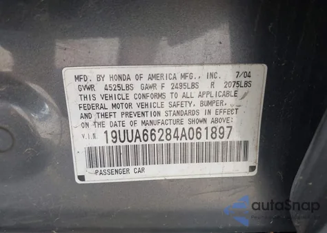 2004 Acura Tl из США, поврежденный, VIN 19UUA66284A061897